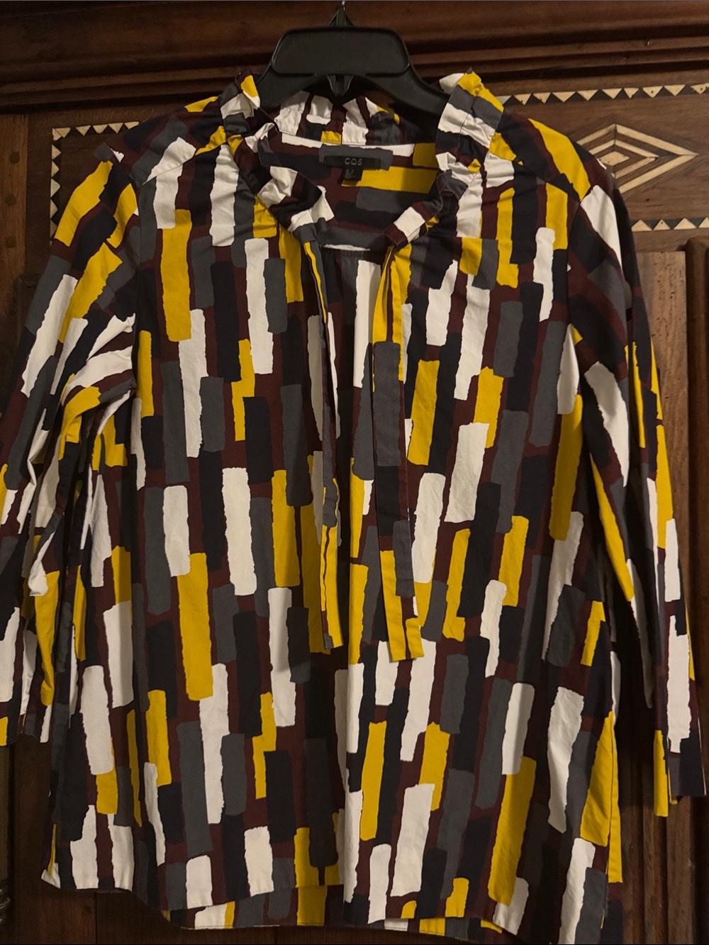 COS Yellow, White, Gray & Brown Geometric Tie-Neck Blouse